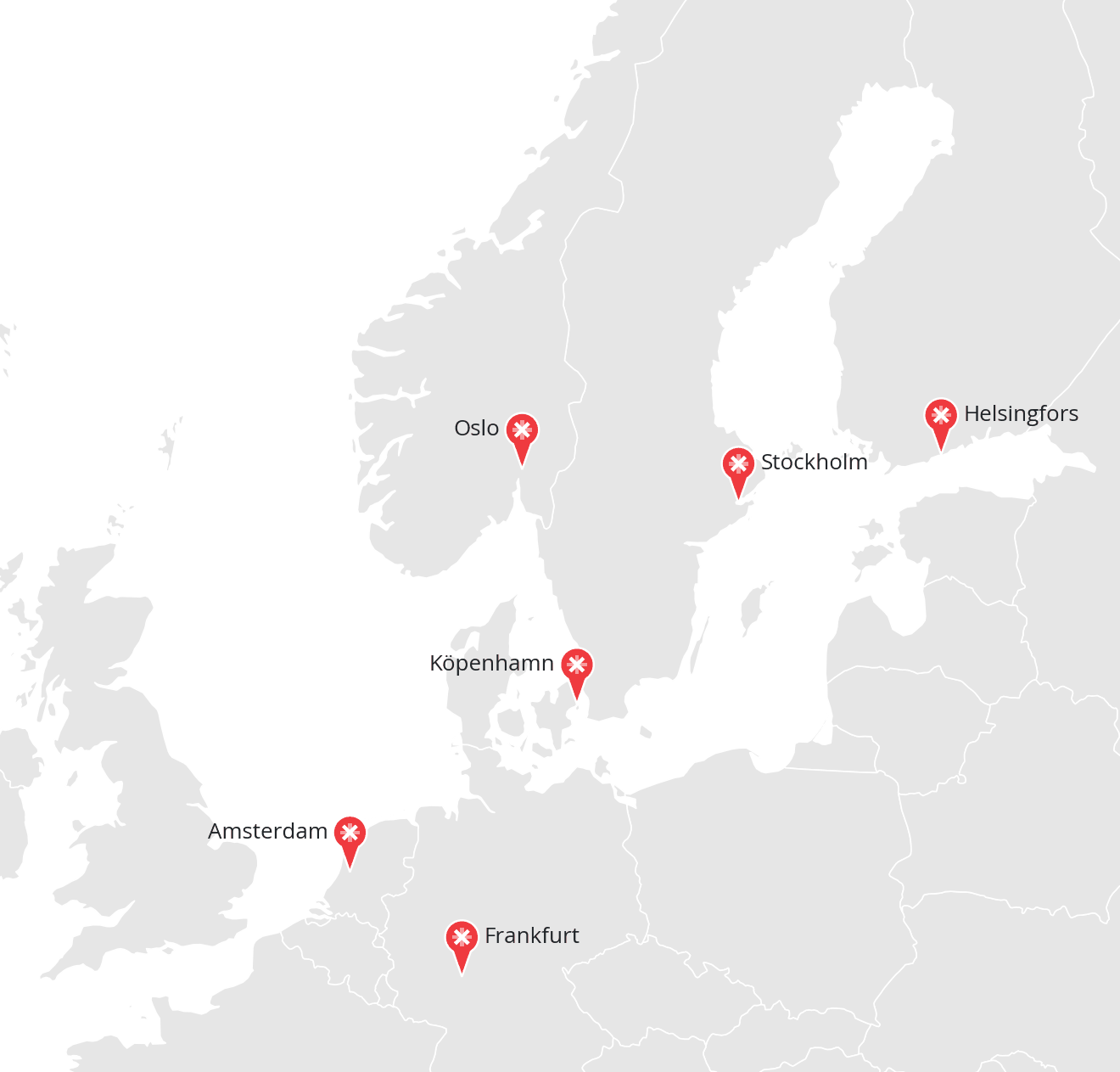 Karta över Europa med XPartners Groups kontor i Stockholm, Oslo, Köpenhamn, Helsingfors, Amsterdam och Frankfurt am Main