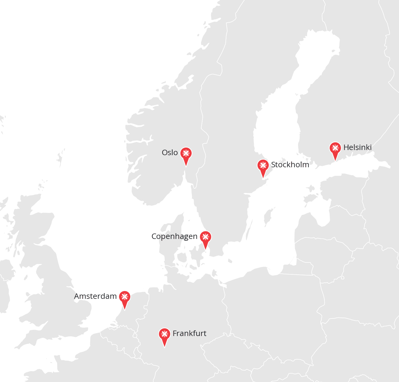 Map of Europe showing XPartners Group offices in Stockholm, Oslo, Copenhagen, Helsinki, Amsterdam and Frankfurt am Main